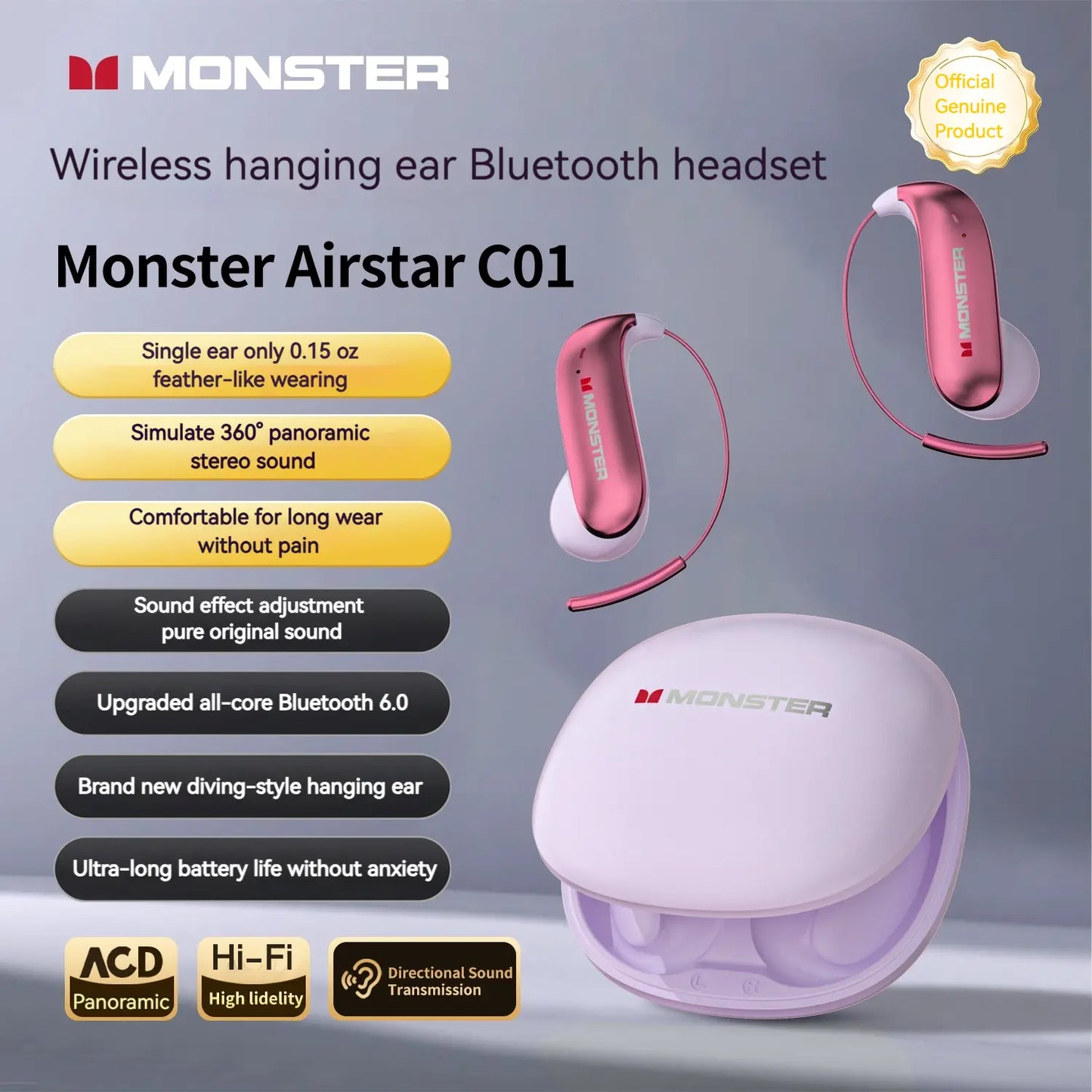 Monster Ear Buds - Bluetooth Headphones with Zero‑Gravity Titanium Ear‑Hook Design, Noise Isolation, 165H Playtime Wireless Earbuds Headset Bluetooth 6.0,Waterproof & Sweatproof, Ideal for Electronic Gifts for Men and Women - Summerwins - Dealsforyoudays