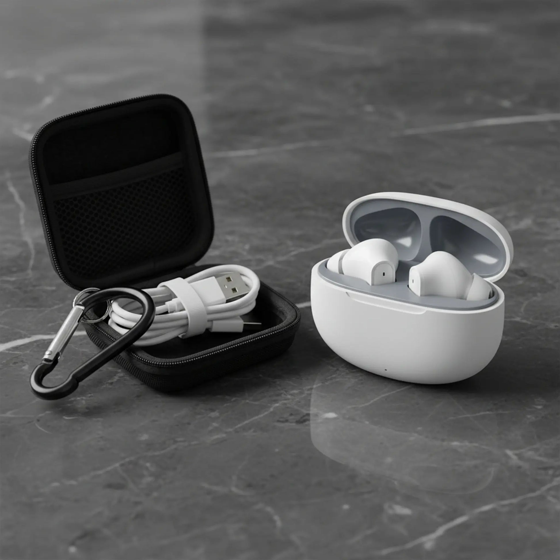 Wireless Noise-Cancelling Bluetooth In-Ear Headphones with Chargeable Audio Accessories, Metal Chain Hook Shock-Absorbing Headset Carrying Case with Clips, Electronic Travel Essentials