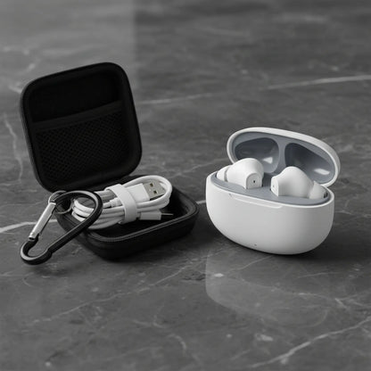 Wireless Noise-Cancelling Bluetooth In-Ear Headphones with Chargeable Audio Accessories, Metal Chain Hook Shock-Absorbing Headset Carrying Case with Clips, Electronic Travel Essentials