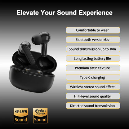 Wireless Noise-Cancelling Bluetooth In-Ear Headphones with Chargeable Audio Accessories, Metal Chain Hook Shock-Absorbing Headset Carrying Case with Clips, Electronic Travel Essentials