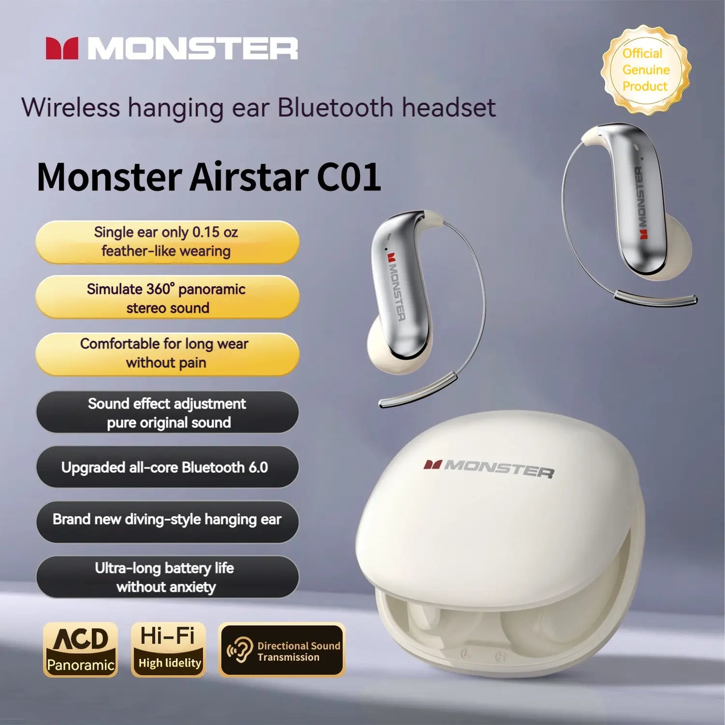 Monster Ear Buds - Bluetooth Headphones with Zero‑Gravity Titanium Ear‑Hook Design, Noise Isolation, 165H Playtime Wireless Earbuds Headset Bluetooth 6.0,Waterproof & Sweatproof, Ideal for Electronic Gifts for Men and Women - Summerwins - Dealsforyoudays
